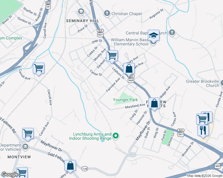 map of restaurants, bars, coffee shops, grocery stores, and more near 2923 Carter Street in Lynchburg