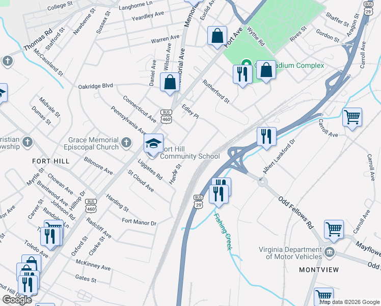 map of restaurants, bars, coffee shops, grocery stores, and more near 3820 Nicholas Street in Lynchburg