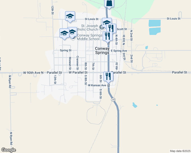map of restaurants, bars, coffee shops, grocery stores, and more near 303 W Parallel St in Conway Springs