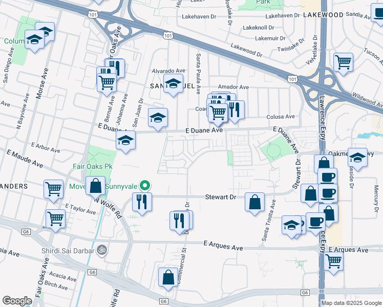 map of restaurants, bars, coffee shops, grocery stores, and more near 542 Santa Maria Terrace in Sunnyvale