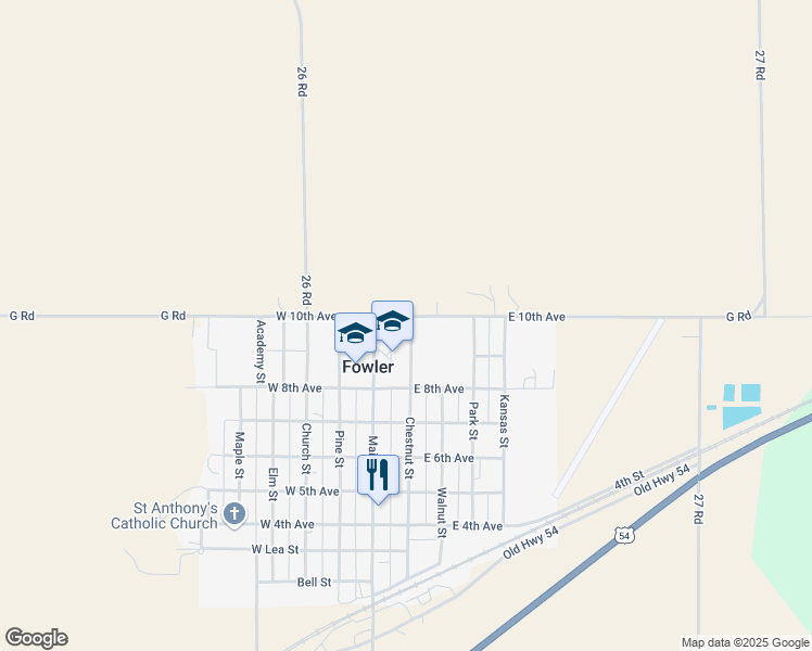 map of restaurants, bars, coffee shops, grocery stores, and more near 100 East 10th Avenue in Fowler