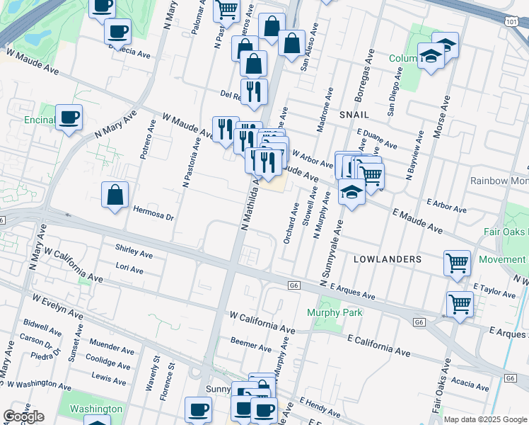map of restaurants, bars, coffee shops, grocery stores, and more near 450 North Mathilda Avenue in Sunnyvale