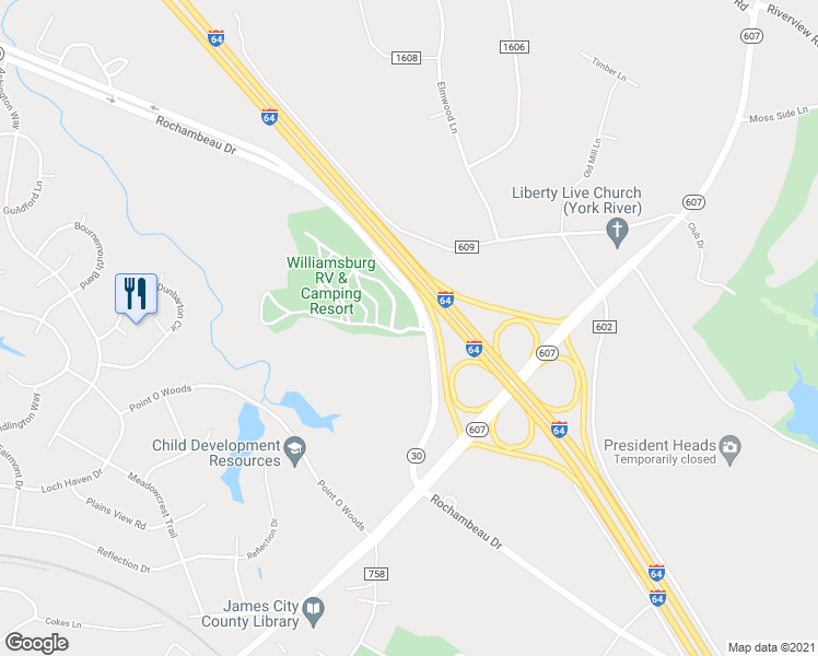 map of restaurants, bars, coffee shops, grocery stores, and more near Patriot Lane in Williamsburg