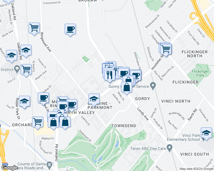 map of restaurants, bars, coffee shops, grocery stores, and more near 312 Morning Star Drive in San Jose