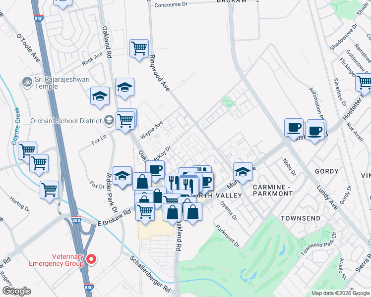 map of restaurants, bars, coffee shops, grocery stores, and more near 1164 Tea Rose Circle in San Jose
