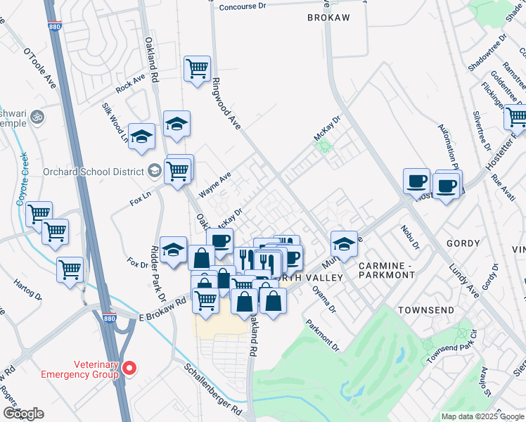 map of restaurants, bars, coffee shops, grocery stores, and more near 1164 Tea Rose Circle in San Jose