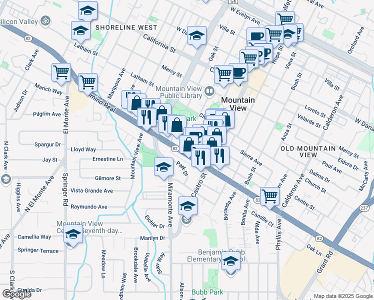 map of restaurants, bars, coffee shops, grocery stores, and more near 953 High School Way in Mountain View