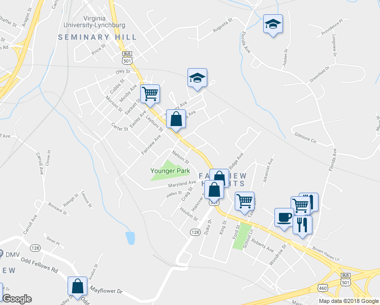 map of restaurants, bars, coffee shops, grocery stores, and more near 3214 Campbell Avenue in Lynchburg