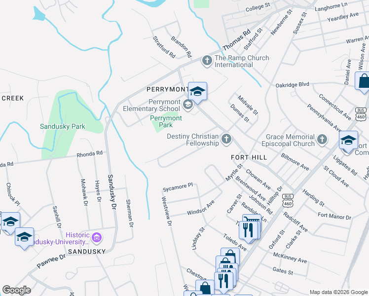map of restaurants, bars, coffee shops, grocery stores, and more near 4601 Alabama Avenue in Lynchburg