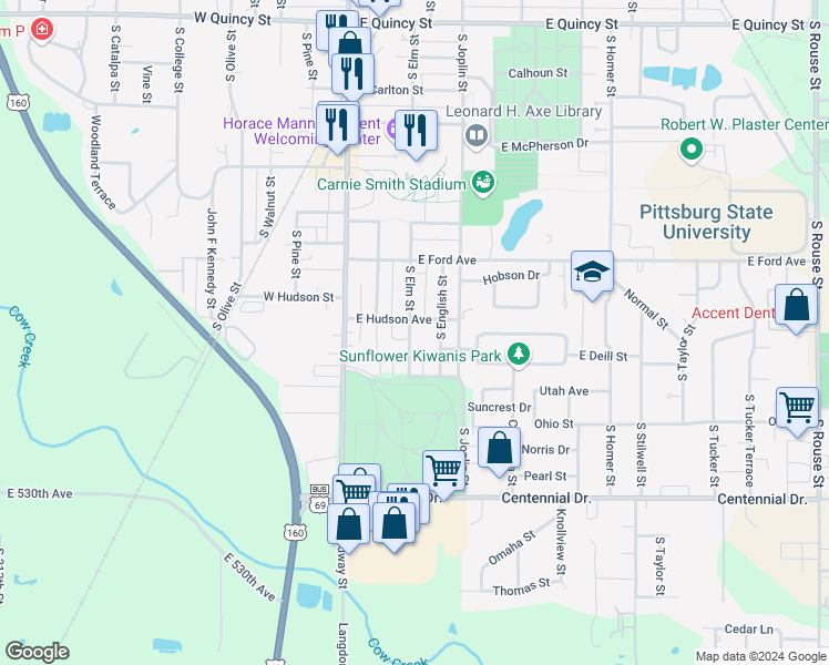 map of restaurants, bars, coffee shops, grocery stores, and more near 1923 South Elm Street in Pittsburg