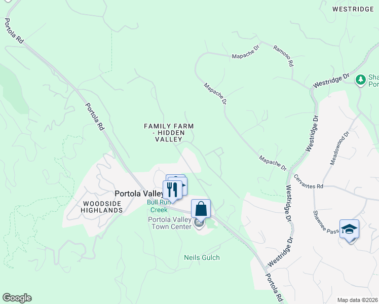 map of restaurants, bars, coffee shops, grocery stores, and more near 140 Farm Road in Woodside