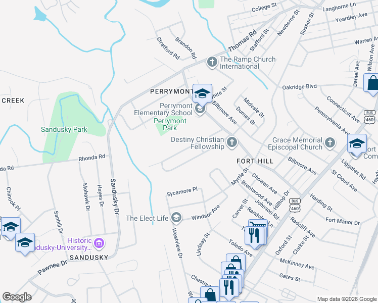 map of restaurants, bars, coffee shops, grocery stores, and more near 4601 Alabama Avenue in Lynchburg