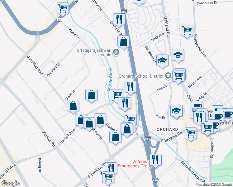 map of restaurants, bars, coffee shops, grocery stores, and more near 2150 Paragon Dr in San Jose