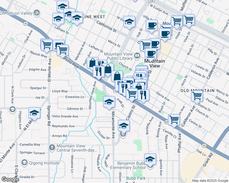 map of restaurants, bars, coffee shops, grocery stores, and more near 1101 El Camino Real in Mountain View