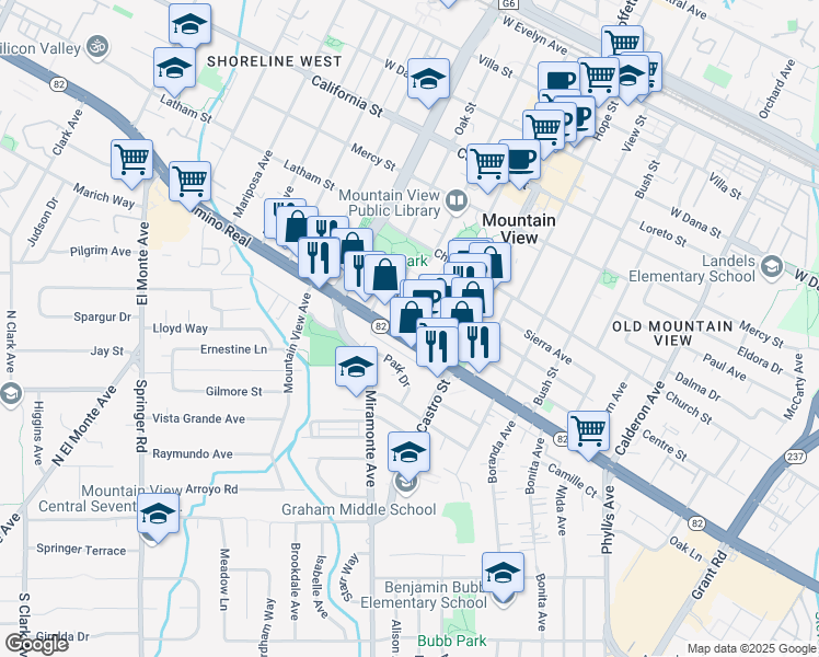 map of restaurants, bars, coffee shops, grocery stores, and more near 950 West El Camino Real in Mountain View