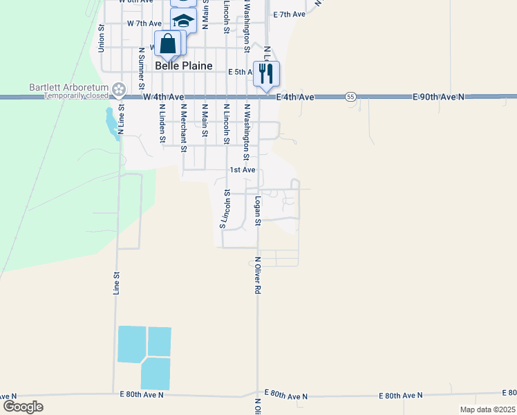map of restaurants, bars, coffee shops, grocery stores, and more near Logan Street in Belle Plaine