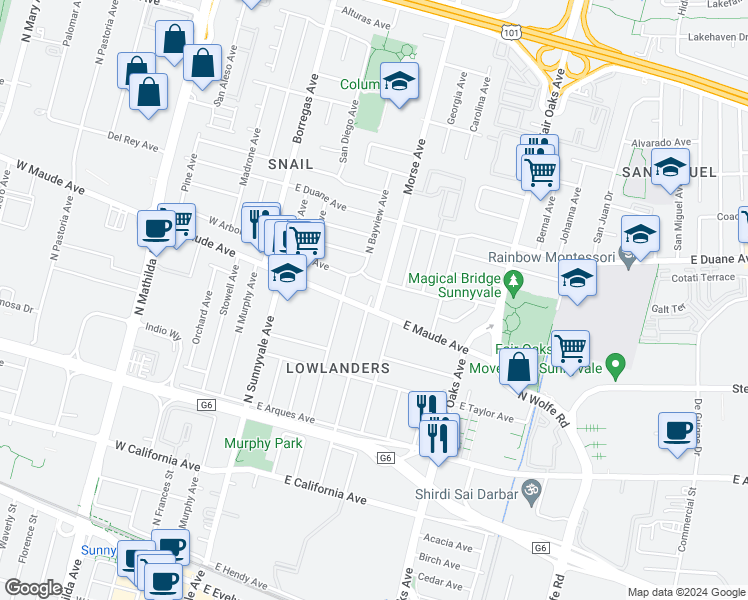 map of restaurants, bars, coffee shops, grocery stores, and more near 512 San Augusto Terrace in Sunnyvale