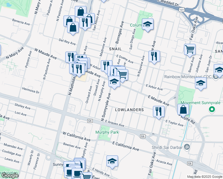 map of restaurants, bars, coffee shops, grocery stores, and more near 450 North Sunnyvale Avenue in Sunnyvale