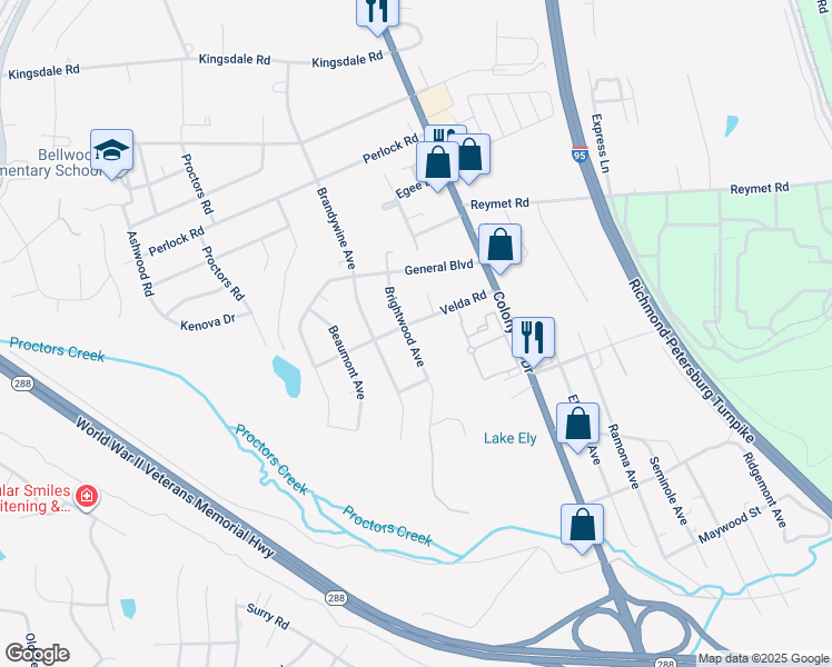 map of restaurants, bars, coffee shops, grocery stores, and more near 10107 Brightwood Avenue in Richmond