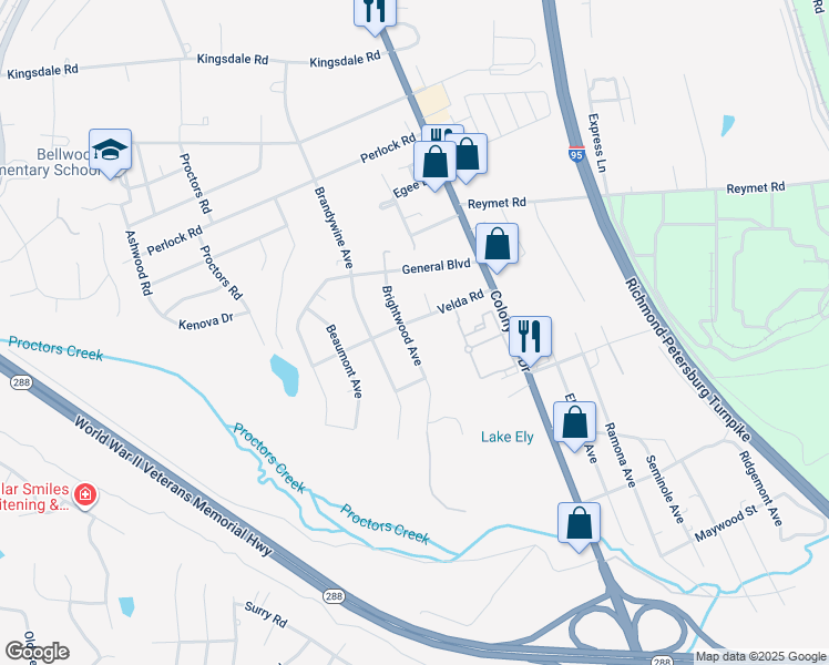map of restaurants, bars, coffee shops, grocery stores, and more near 10107 Brightwood Avenue in Richmond