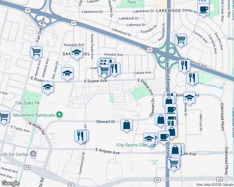 map of restaurants, bars, coffee shops, grocery stores, and more near 935 Glen Valley Terrace in Sunnyvale
