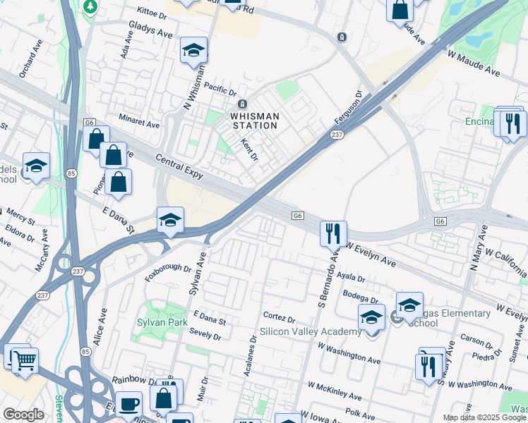 map of restaurants, bars, coffee shops, grocery stores, and more near 531 East Evelyn Avenue in Mountain View