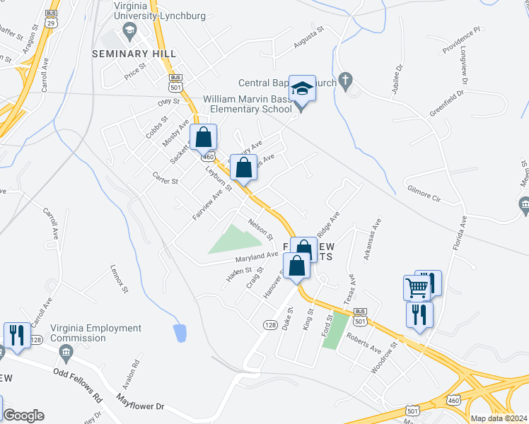 map of restaurants, bars, coffee shops, grocery stores, and more near 3301 Campbell Avenue in Lynchburg