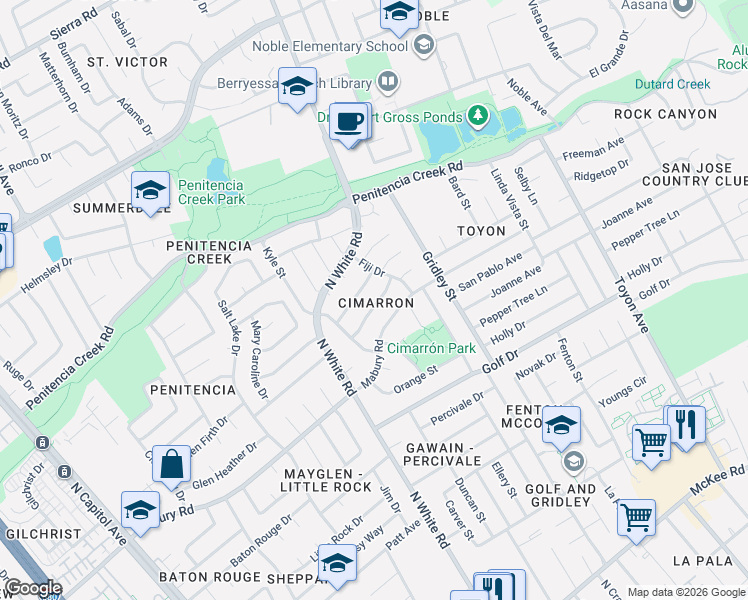 map of restaurants, bars, coffee shops, grocery stores, and more near 3193 Salem Drive in San Jose