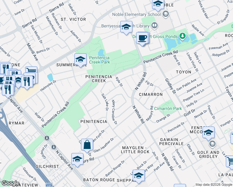 map of restaurants, bars, coffee shops, grocery stores, and more near 2964 Creek Point Drive in San Jose