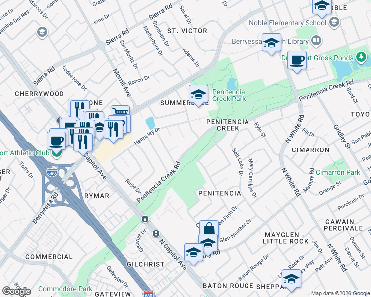 map of restaurants, bars, coffee shops, grocery stores, and more near 1047 Summerwood Court in San Jose