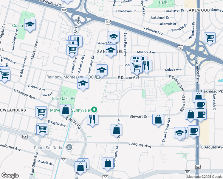map of restaurants, bars, coffee shops, grocery stores, and more near 814 Cotati Terrace in Sunnyvale