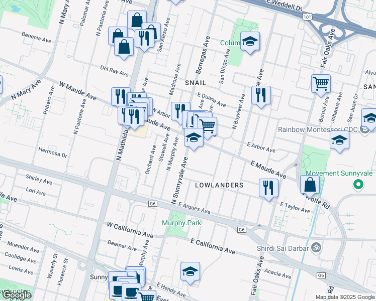 map of restaurants, bars, coffee shops, grocery stores, and more near 433 North Sunnyvale Avenue in Sunnyvale