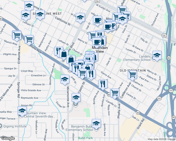 map of restaurants, bars, coffee shops, grocery stores, and more near 750 Castro Street in Mountain View