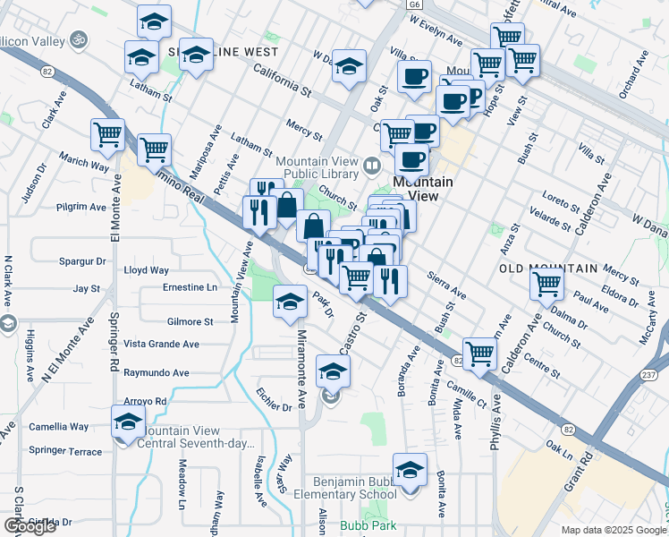 map of restaurants, bars, coffee shops, grocery stores, and more near 953 High School Way in Mountain View