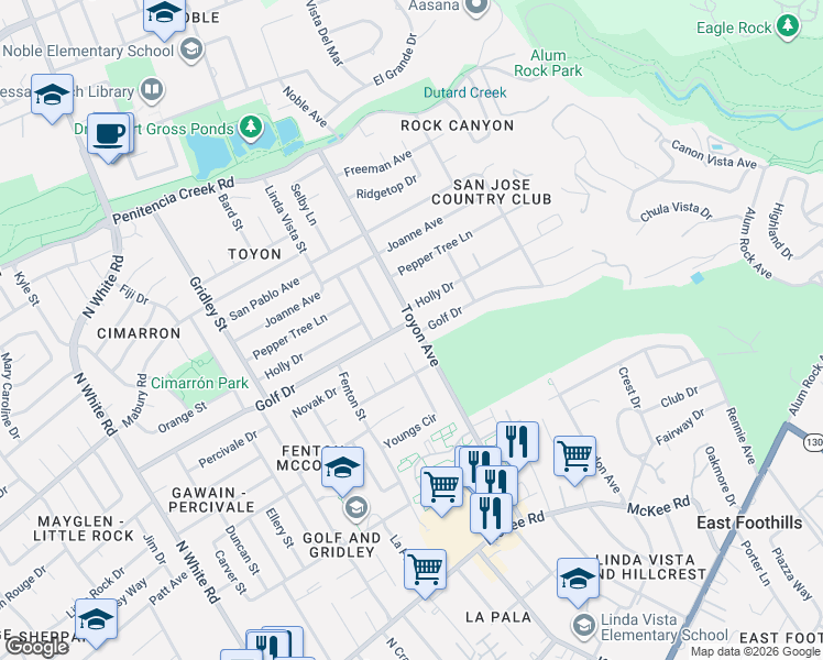 map of restaurants, bars, coffee shops, grocery stores, and more near 3961 Golf Drive in San Jose