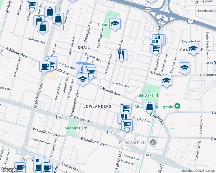 map of restaurants, bars, coffee shops, grocery stores, and more near 512 San Augusto Terrace in Sunnyvale