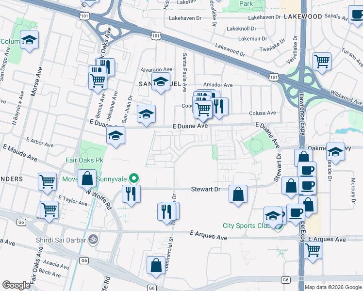 map of restaurants, bars, coffee shops, grocery stores, and more near 556 San Martin Terrace in Sunnyvale
