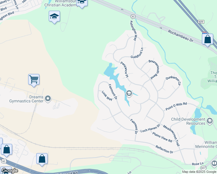 map of restaurants, bars, coffee shops, grocery stores, and more near 8047 Fairmont Drive in Williamsburg