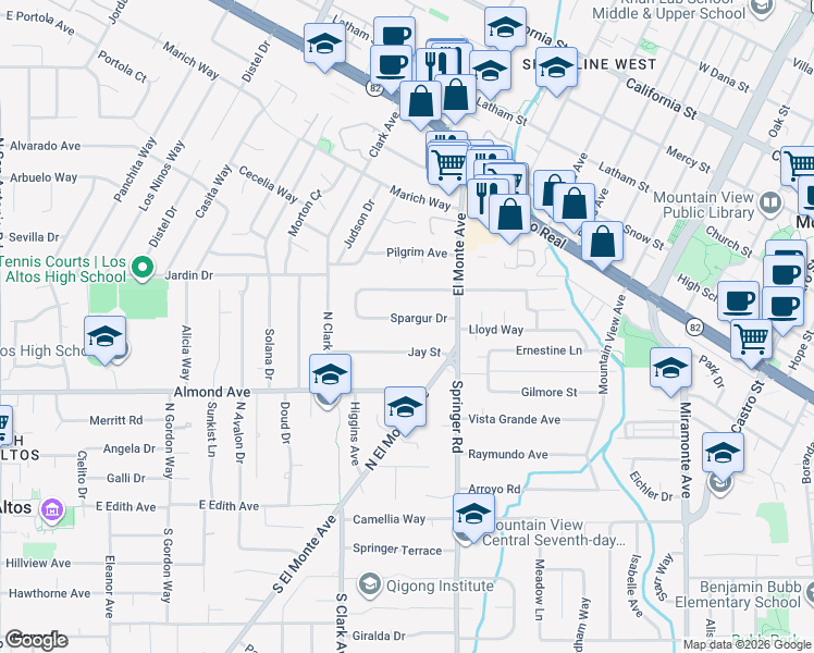 map of restaurants, bars, coffee shops, grocery stores, and more near 648 Spargur Drive in Los Altos