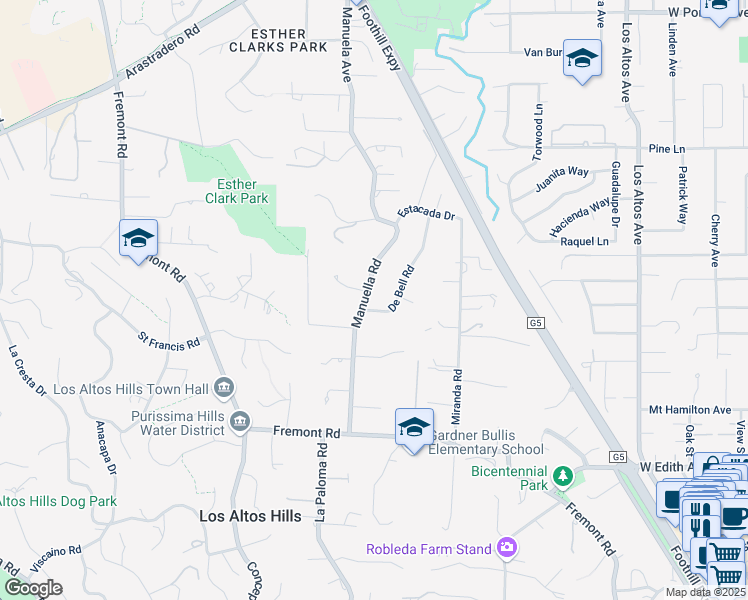 map of restaurants, bars, coffee shops, grocery stores, and more near 14441 Debell Road in Los Altos Hills