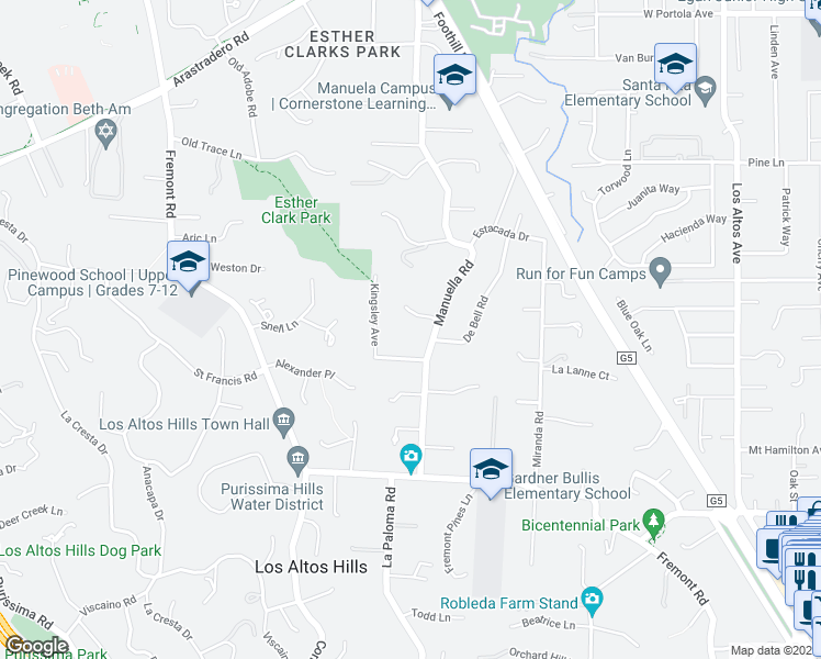 map of restaurants, bars, coffee shops, grocery stores, and more near 26120 Rancho Manuella Lane in Los Altos Hills