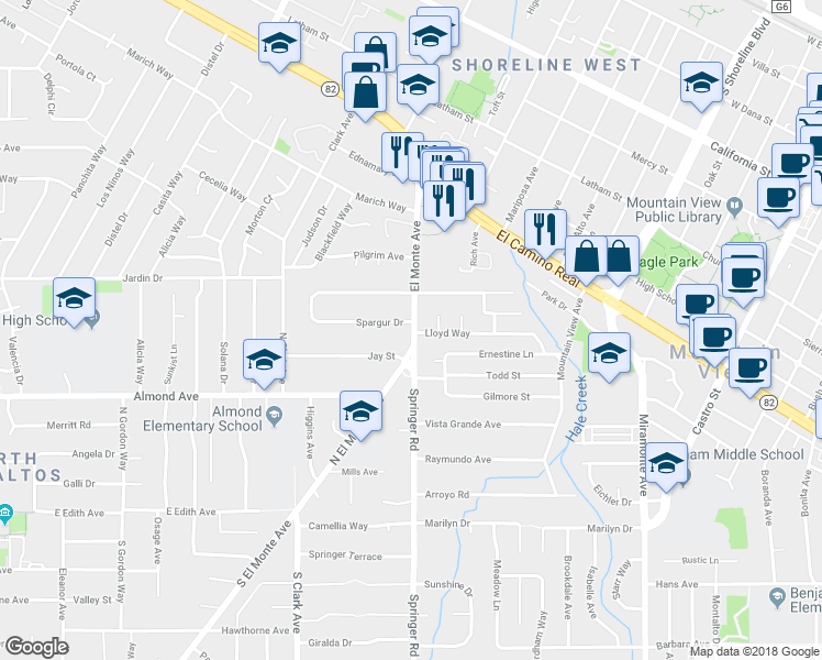 map of restaurants, bars, coffee shops, grocery stores, and more near 310 El Monte Avenue in Los Altos
