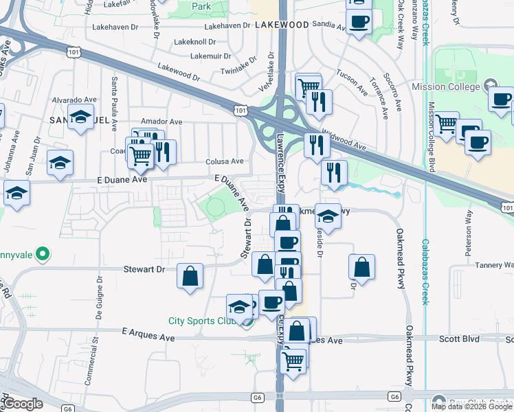 map of restaurants, bars, coffee shops, grocery stores, and more near 1087 East Duane Avenue in Sunnyvale