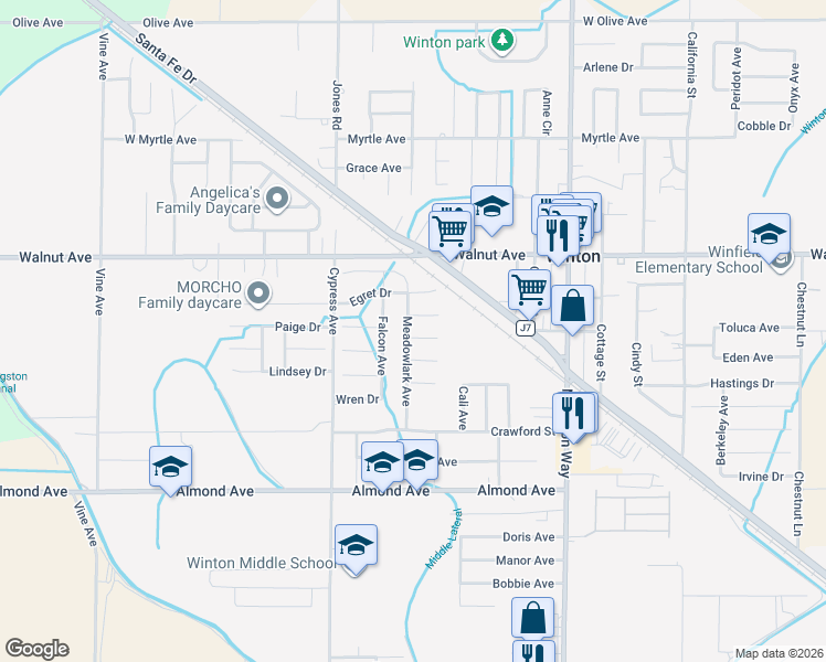 map of restaurants, bars, coffee shops, grocery stores, and more near 6873 Meadowlark Avenue in Winton