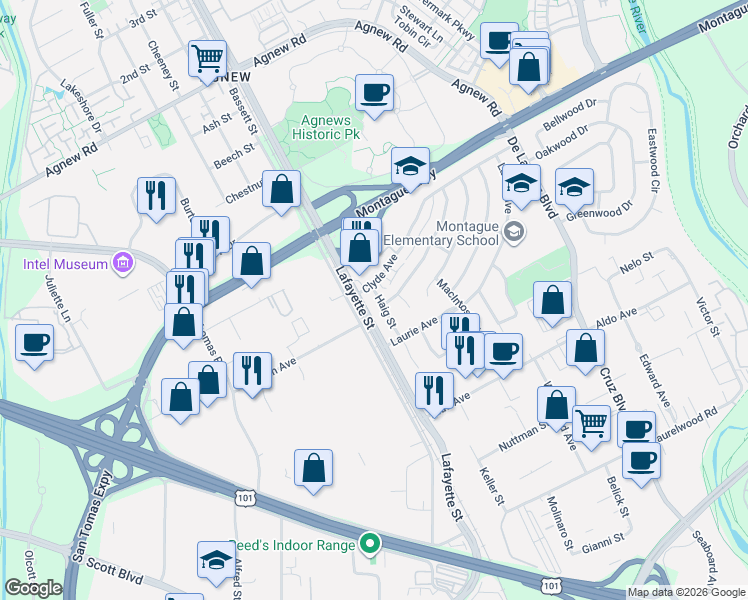 map of restaurants, bars, coffee shops, grocery stores, and more near 3730 Haig Street in Santa Clara