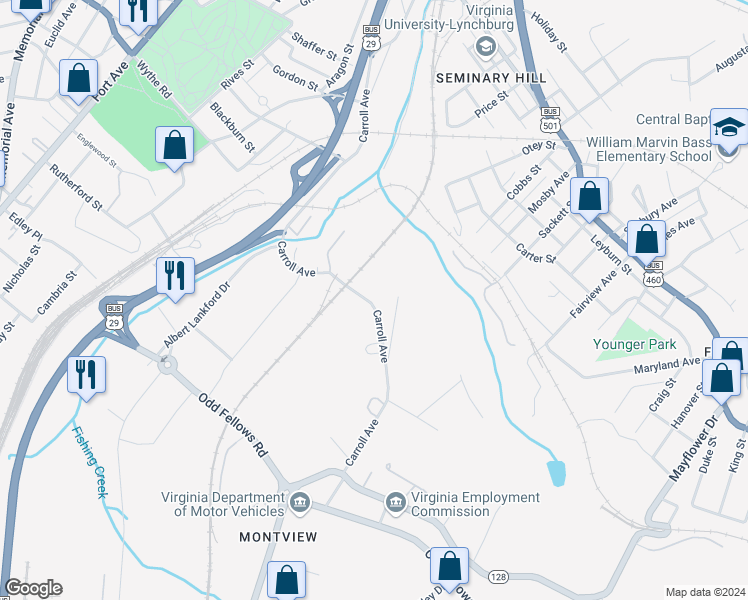 map of restaurants, bars, coffee shops, grocery stores, and more near 2916 Carroll Avenue in Lynchburg