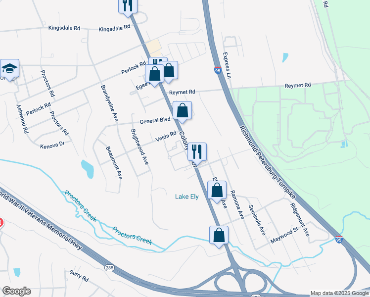 map of restaurants, bars, coffee shops, grocery stores, and more near 10250 Colony Village Terrace in Richmond