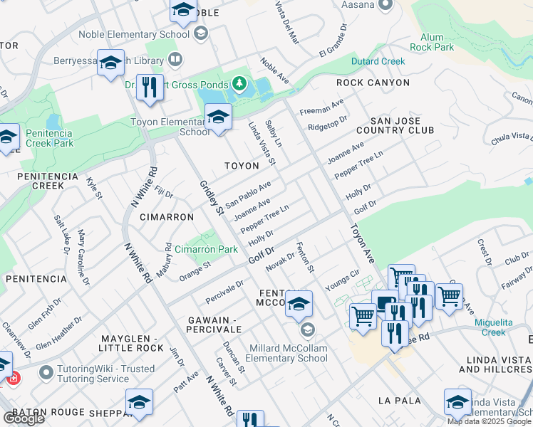 map of restaurants, bars, coffee shops, grocery stores, and more near 3375 Pepper Tree Lane in San Jose