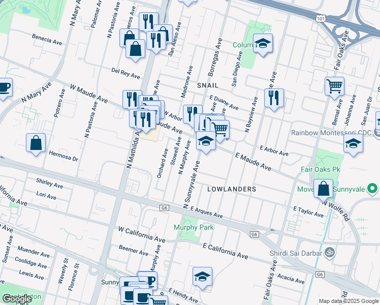 map of restaurants, bars, coffee shops, grocery stores, and more near 385 North Murphy Avenue in Sunnyvale
