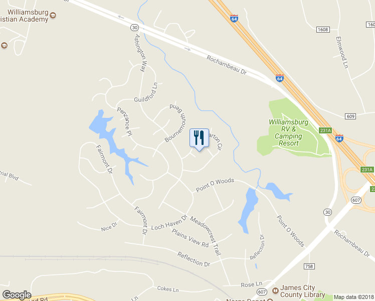 map of restaurants, bars, coffee shops, grocery stores, and more near 4005 Dunbarton Circle in Williamsburg